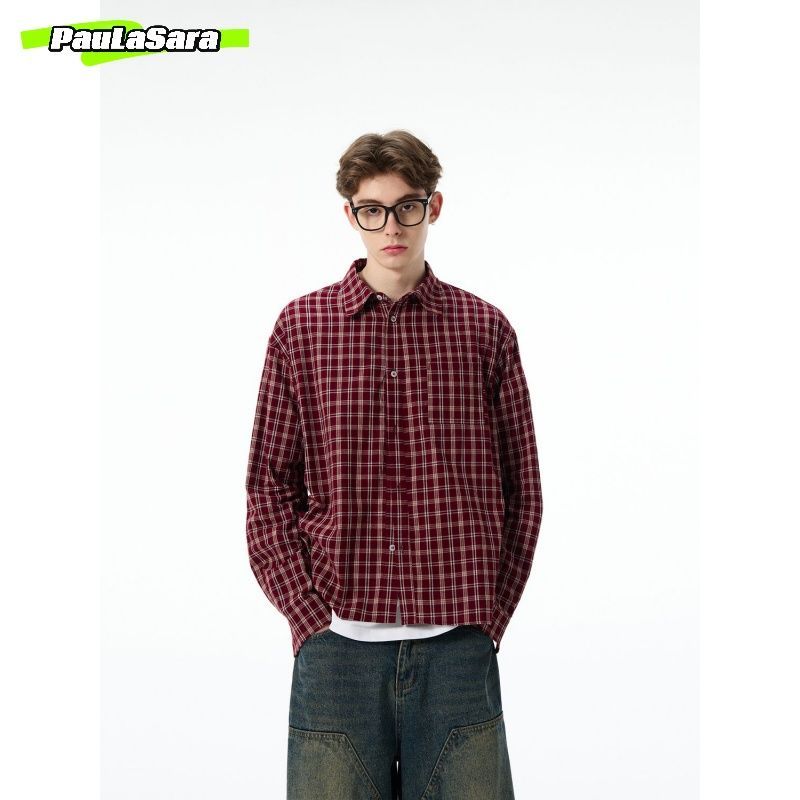 American Red Checkered Shirt Jacket For Men And Women, Spring Loose Casual Long Sleeved Versatile Top 1_voghion.com