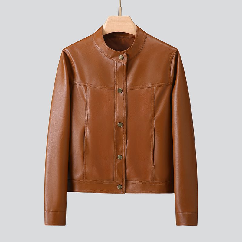 Veste Haining pour femme, style coréen, version courte, petite taille, col montant, veste de moto en cuir, printemps 2025_voghion.com