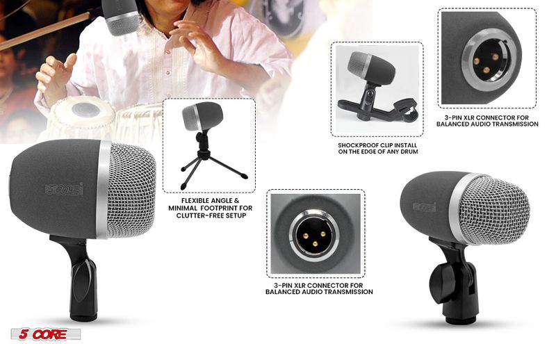 5 CORE Tabla Mic XLR Wired Uni Directional Snare Tom Kick Instrument Microphone with Dynamic Moving Coil Swivel Mount Steel Mesh Grille Included Mini _voghion.com