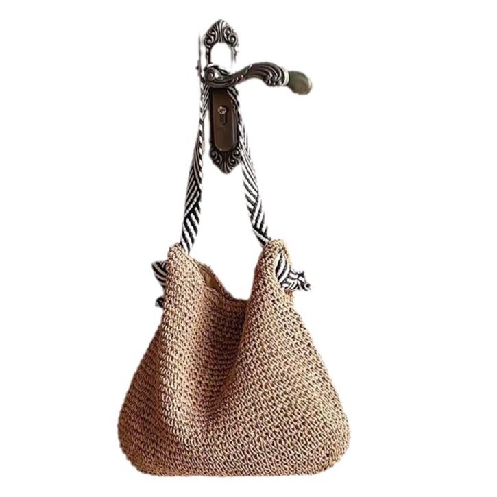 Borsa da spiaggia versatile per le vacanze da donna, realizzata a mano in stile navy coreano INS, 2024, in paglia, con una sola spalla, intrecciata_voghion.com