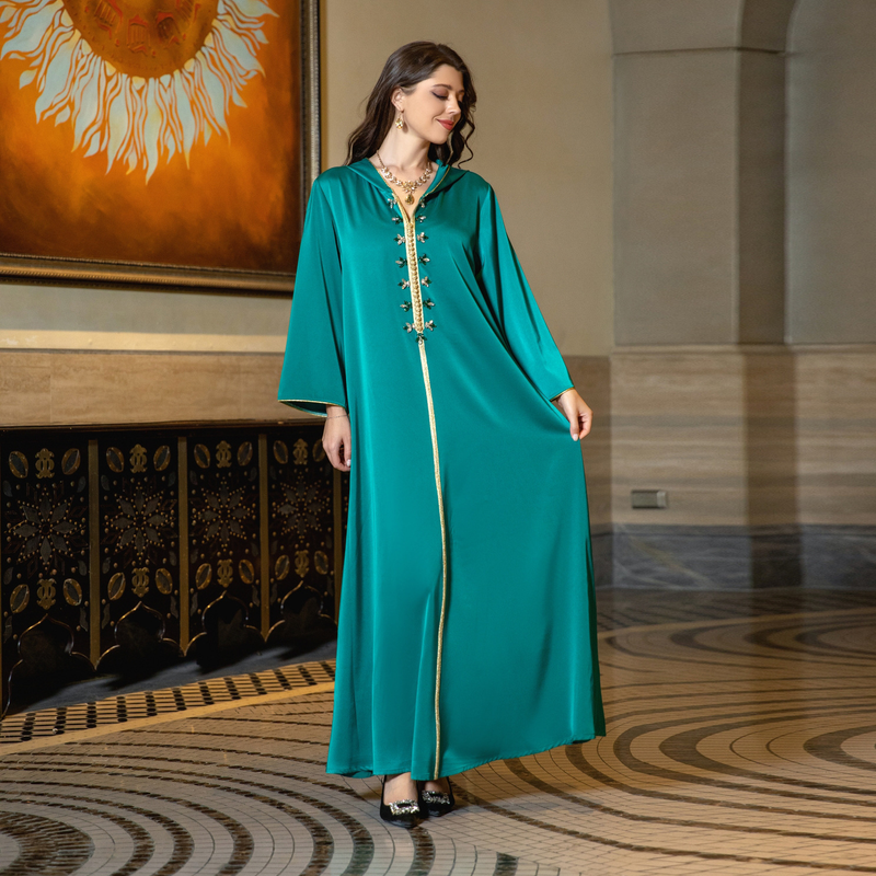 Vestido muçulmano feminino de cetim com contas abaya Dubai leve vestido de noite étnico luxuoso_voghion.com