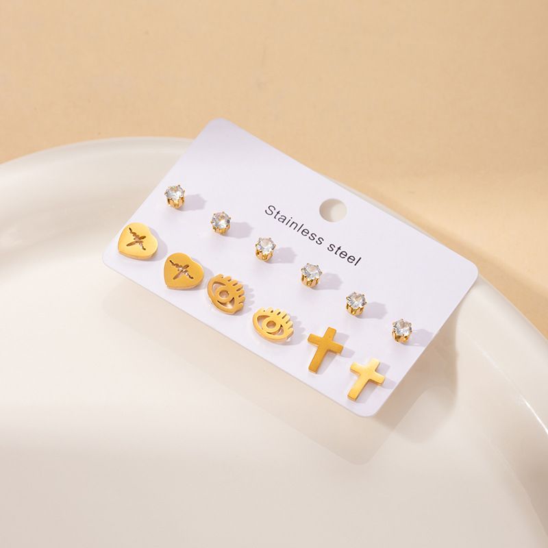 1 Set Simple Style Geometric Heart Shape Butterfly Irregular Plating Titanium Steel Zircon Ear Studs_voghion.com