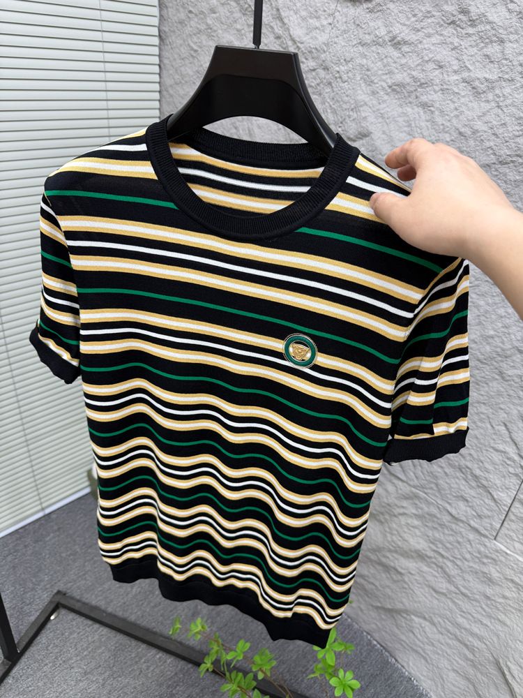 Maglietta a maniche corte estiva da uomo, tendenza giovanile, a righe, in seta ghiacciata, a mezza manica, scollo rotondo, polo sottile._voghion.com