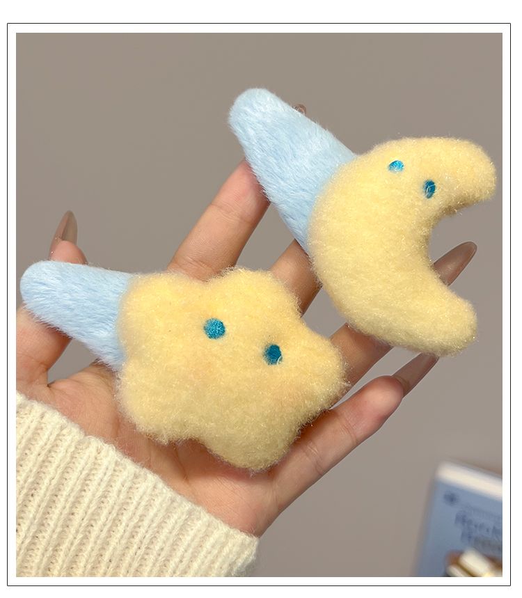 Bonita pinza para el pelo de peluche con forma de luna y estrella para mujer, con flequillo lateral, para niña, con dibujos animados, para otoño e invierno._voghion.com