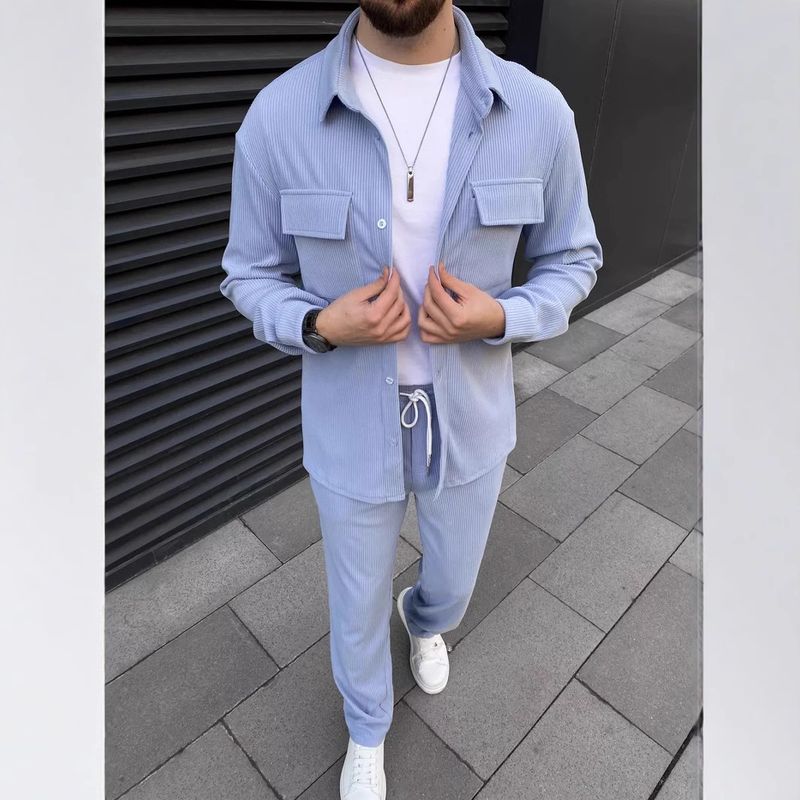 Herrenbekleidung Border Spring New European and American Herren Cord Langarm Revers Hemd Hose Täglich Casual Anzug_voghion.com