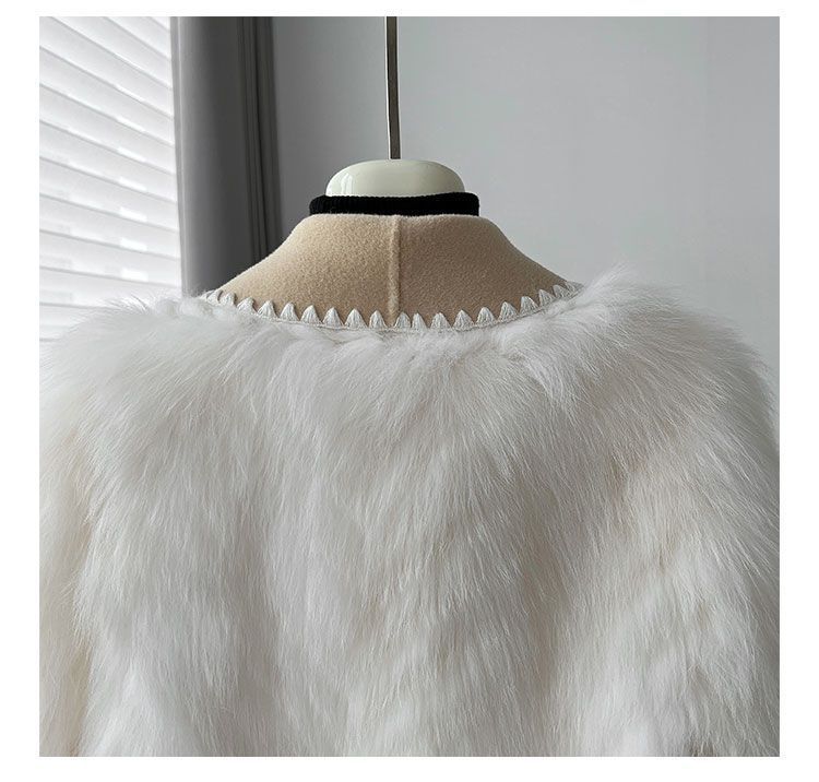 Cappotto corto da donna con finiture in pelliccia di volpe sintetica - Cardigan alla moda con colletto in misto lana double-face - Crema e cammello chiaro_voghion.com
