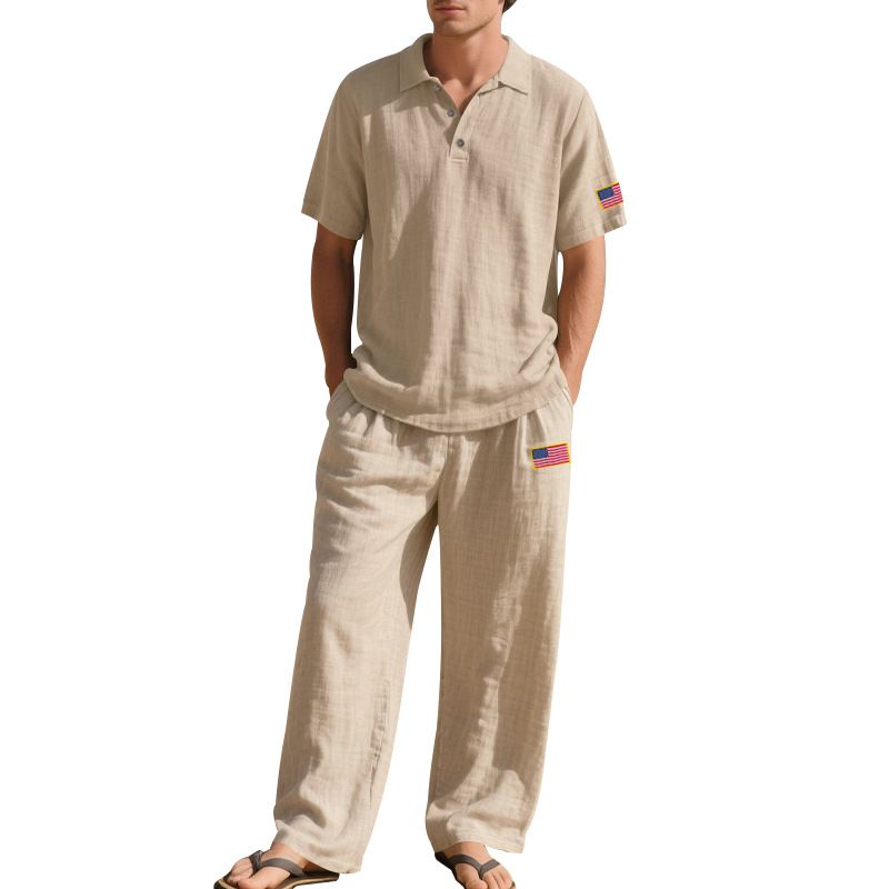 Summer Loose Men's Beach Linen Breathable Casual Large Size Lapel Independence Day Trousers Suit_voghion.com
