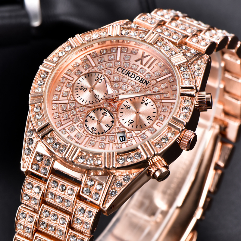 Men Watches Fashion Steel Diamond Date Quartz Wrist Watch_voghion.com