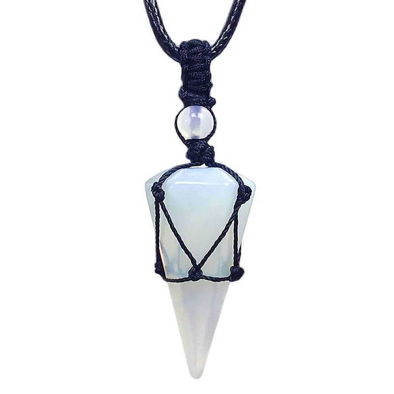 Hand-Woven Hexagonal Crystal Pendant Necklace - Natural Stone Cone With Adjustable Net Pocket & Pendulum Design_voghion.com