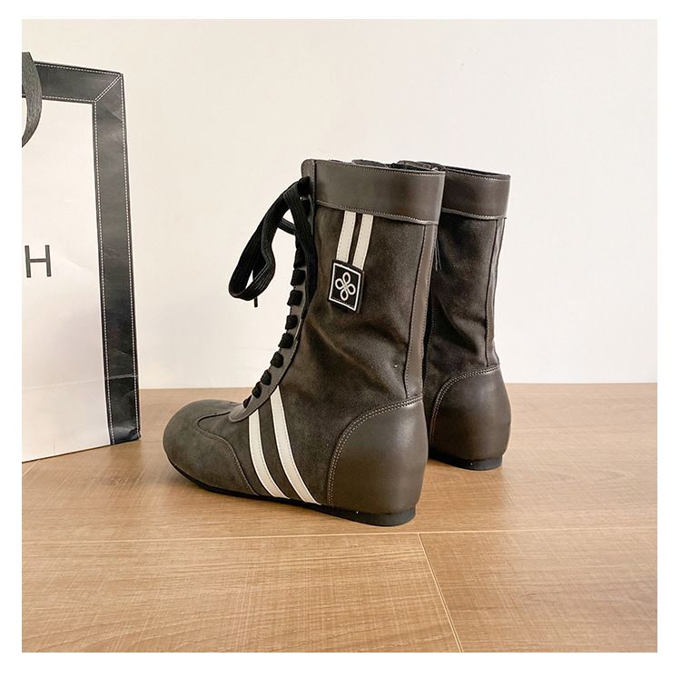 Kadın Ayakkabıları İnek Derisi İç Yükseklik Boks Botları Düz Tabanlı Eğlence Sporları Bağcıklı Martin Botları Kısa Botlar_voghion.com