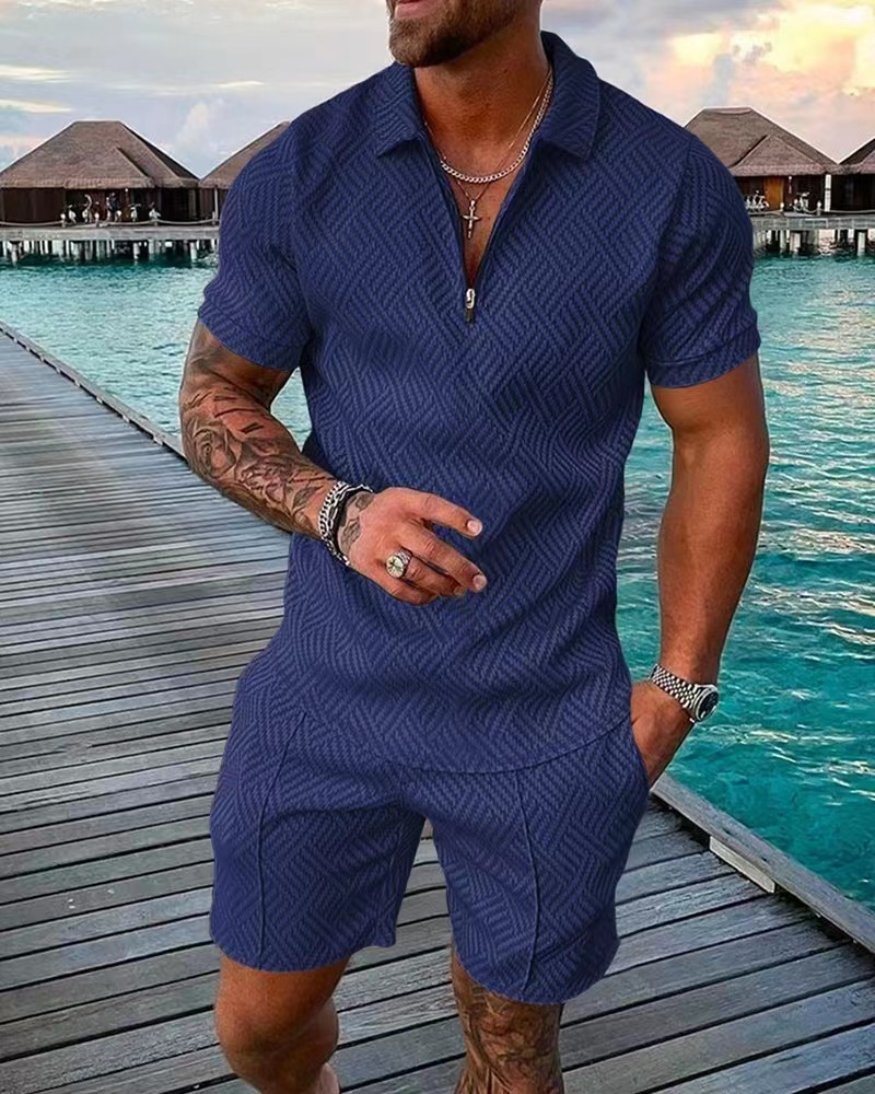 2025 New Summer Men's Shorts Set Short Sleeve Zip Polo Shirt Street T-shirt Two Piece Casual Sportswear_voghion.com