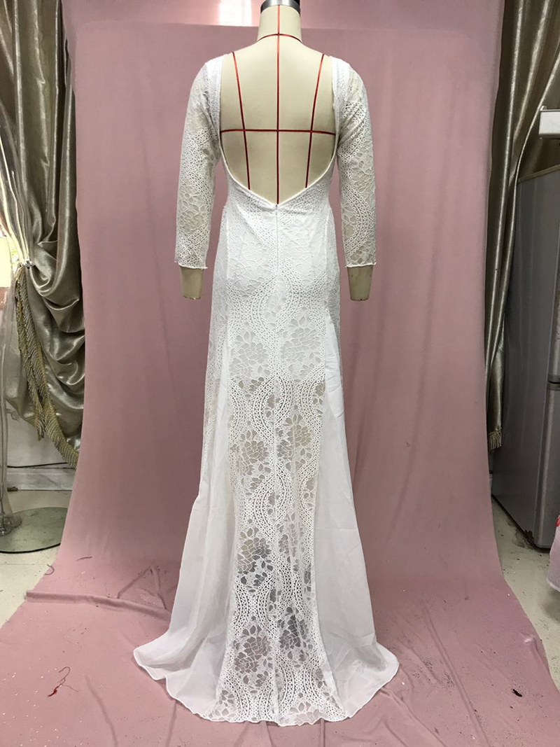 Damesjurk Ronde hals Lange mouw Holle rugloze kant Celebrity Banket Trouwjurk_voghion.com