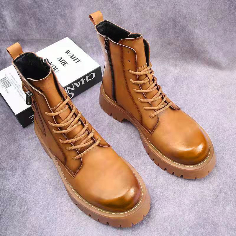 Men's Shoes boots men's Martin boots autumn and winter plus velvet high-top casual leather shoes British versatile thick-soled knight short boots_voghion.com