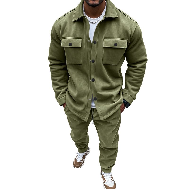 Autumn And Winter Jacket Casual Pants Two-piece Men's Solid Color Suede Suit_voghion.com