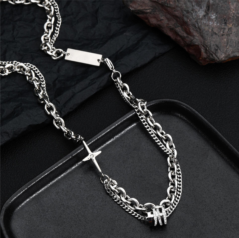 Nichedesign, højkvalitets kvinders cool titanium stål halskæde, mænds trendy stabling diamant besat dobbelt lag slank talje pars held vedhæng_voghion.com