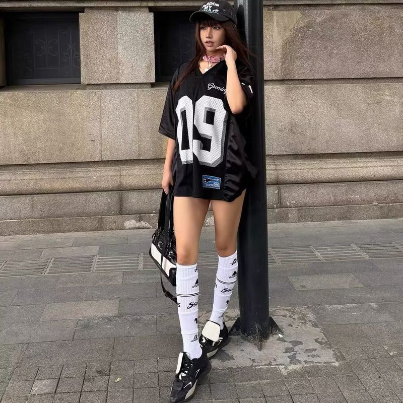 American Style Sorts Short T-Shirt For Women Summer Color Block Number Jersey Design V-Neck Mesh Hi-Ho Half Sleeve_voghion.com