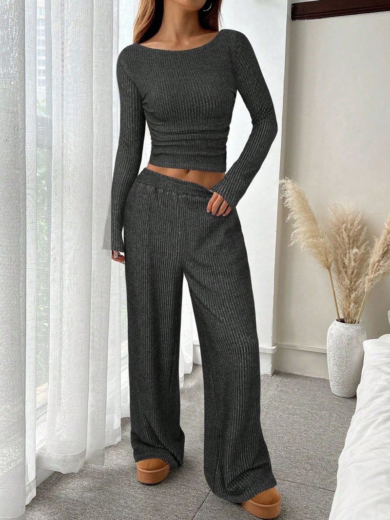 "Chic Long-Sleeve Boat Neck Top & Elastic Waist Wide-Leg Pants Set – Comfortable & Stylish Outfit"_voghion.com