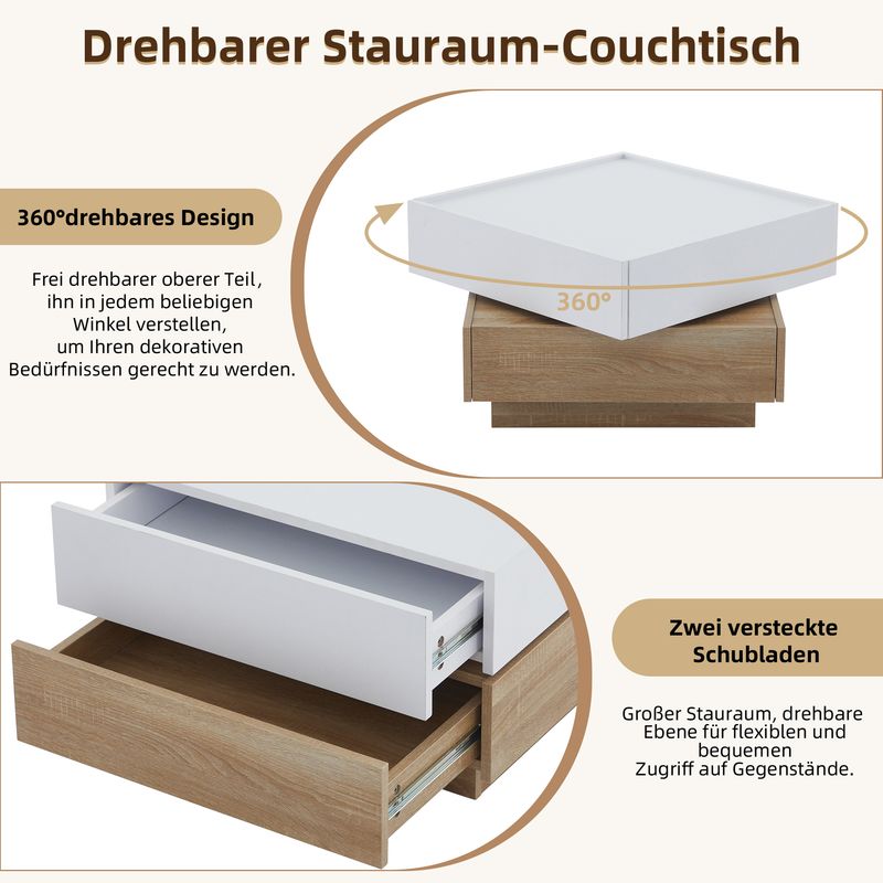 Table basse pliante avec plateau rotatif à 360°, table de salon à deux niveaux avec meuble de rangement et cadre en noyer, 60 x 60 x 38 cm_voghion.com