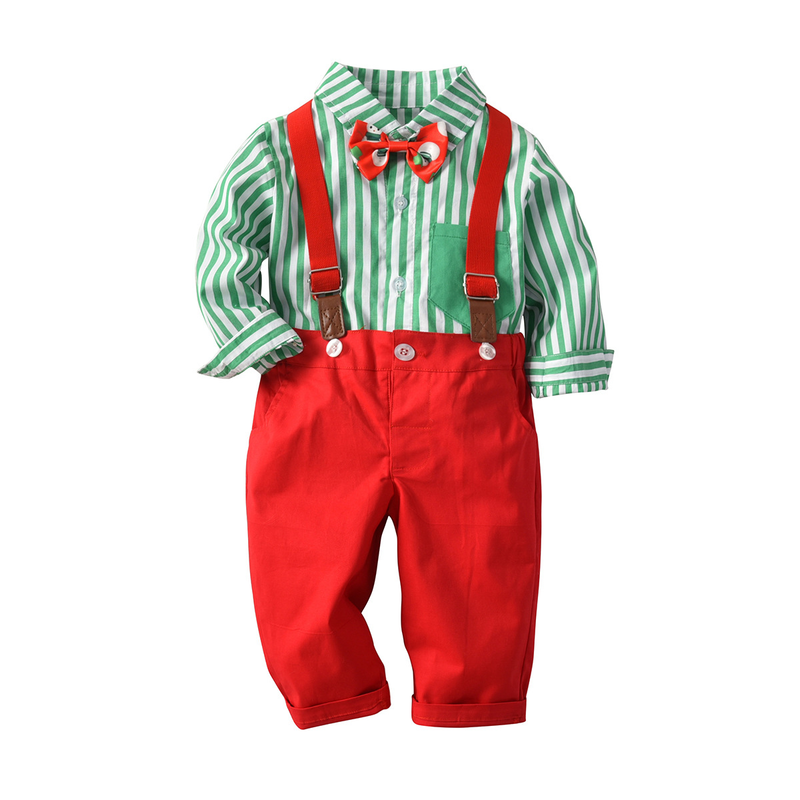 Set di due pezzi per bambini primaverili e autunnali, per bambini, per Natale, con stampa a righe, papillon stampato_voghion.com
