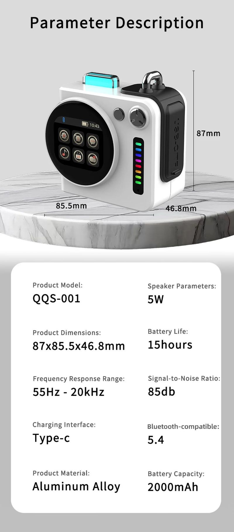 Mini altoparlante Bluetooth classico retrò con schermo intelligente Hi-Fi, lettore musicale con scheda TF, soundbar, luce ambientale RGB, allarme_voghion.com