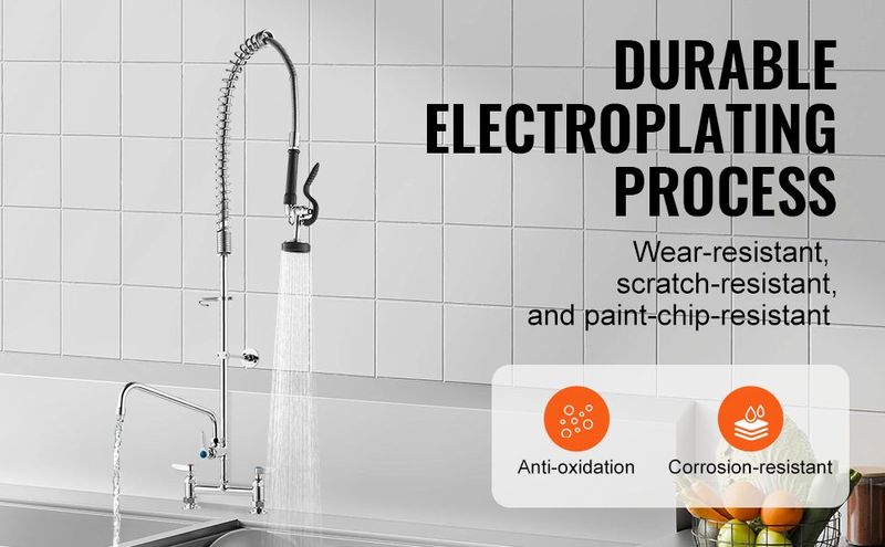 VEVOR Commercial Faucet With Pre-Rinse Sprayer, 44" Height, 8" Center, 12" Swing Spout, Deck Mount Kitchen Sink Faucet, Brass Constructed Device With Pull Down Spray, For 1/2/3 Compartment Sink_voghion.com