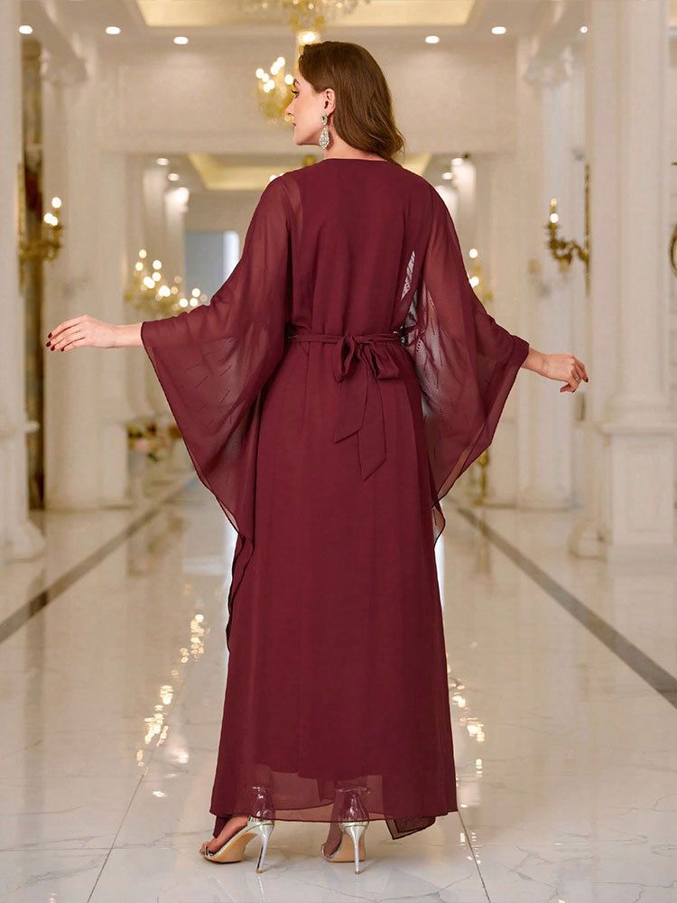 Elegante abito da sera in chiffon con strass da donna – Abito da festa a trapezio con maniche lunghe (bordeaux, S/M/L) Abito vintage con cintura a vita alta_voghion.com