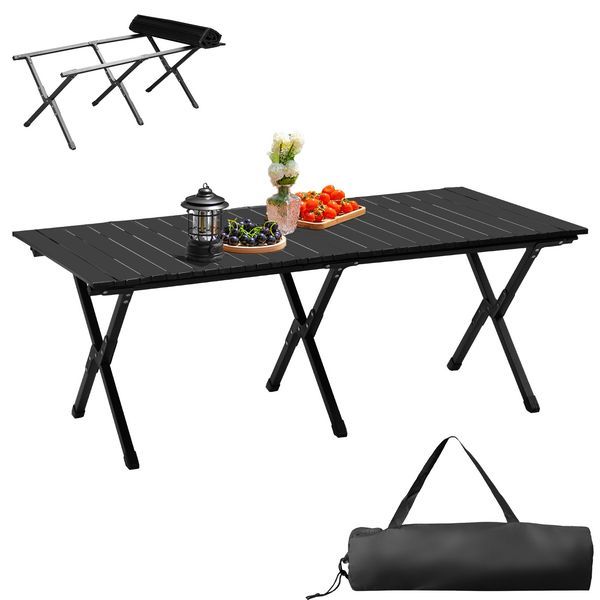 Folding Camping Table Portable Picnic Table, Lightweight Roll Up Side Table Outdoor Camp Table For Travel Hiking Backyard BBQ Party, 46x24 In, Black_voghion.com