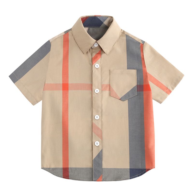 2025 Summer New Boys' Turn-Down Collar British Style Short Sleeve Cotton Plaid Children's Shirt_voghion.com