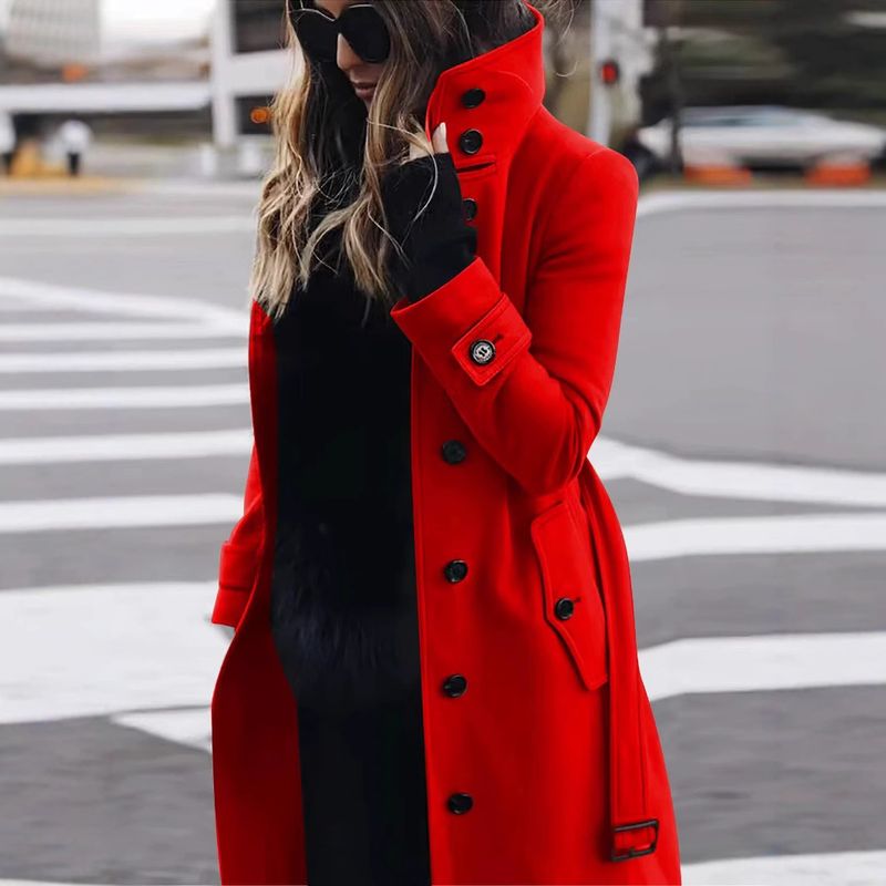Women's Slim Fit Wool Blend Trench Coat Long Overcoat With Pockets For Office & Casual Wear_voghion.com