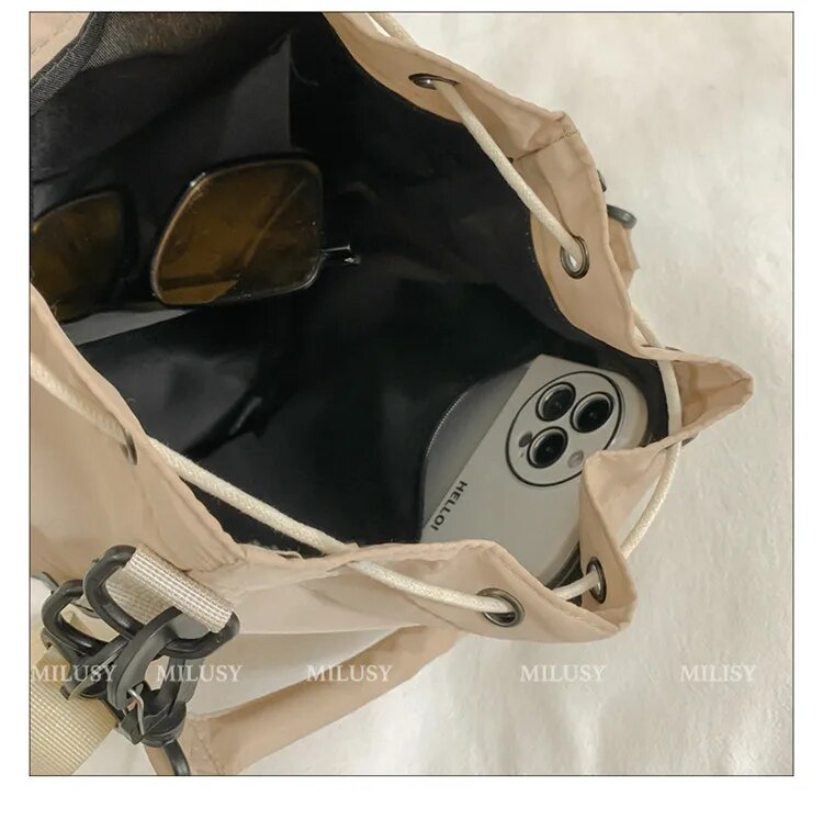 Individual one-shoulder strap satchel leisure rope drape bag large capacity portable nylon bucket bag_voghion.com