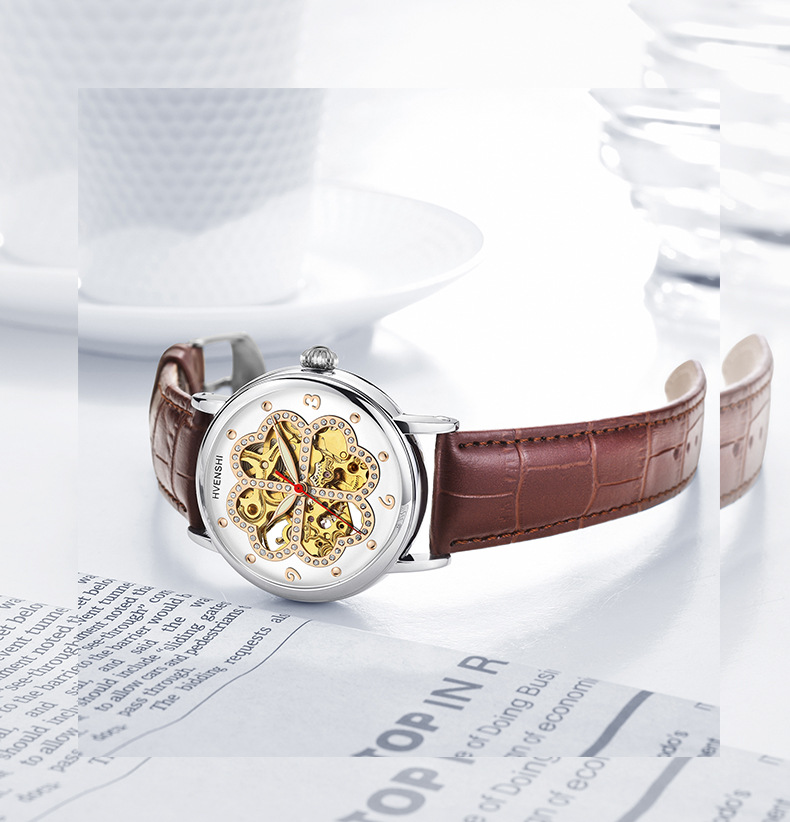 Huangshi Brand Women's Fully Automatic Mechanical Night Glow Diamond dial Fashion Clover Watch_voghion.com