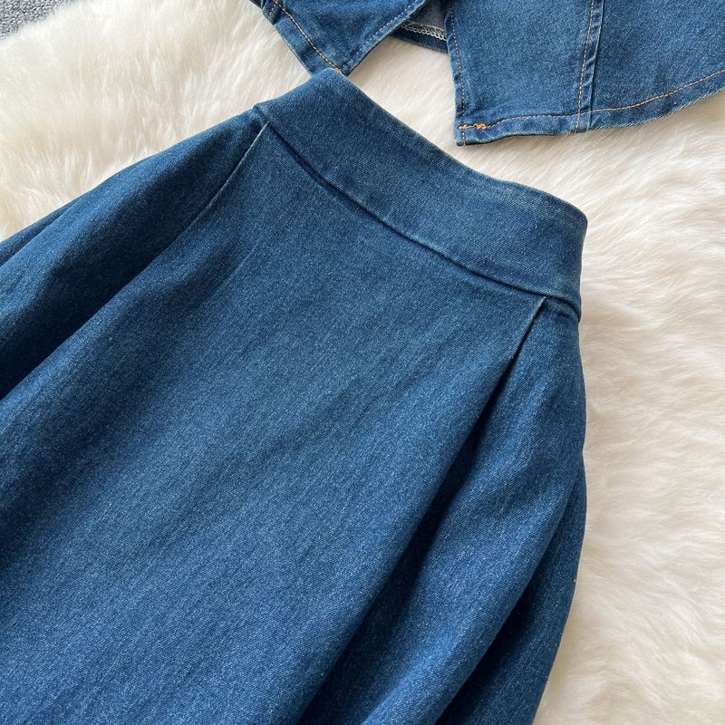 Dameklær Aldersreduserende dress for kvinner Plisset midje Lapel Ermeløs denim topp Høy midje skjørt_voghion.com