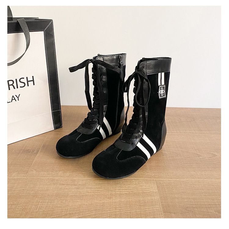 Kadın Ayakkabıları İnek Derisi İç Yükseklik Boks Botları Düz Tabanlı Eğlence Sporları Bağcıklı Martin Botları Kısa Botlar_voghion.com