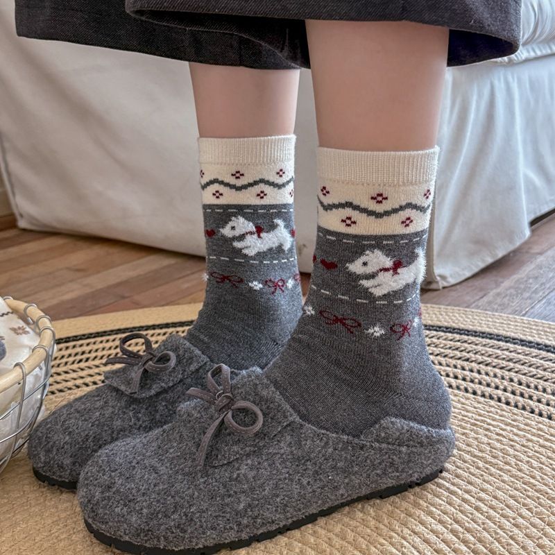 Lillian Herbst Winter New Fair Ile Dreidimensionaler Jacquard Koreanischer Stil Warm Mid-Calf Damen Retro Verdickt Weihnachten_voghion.com