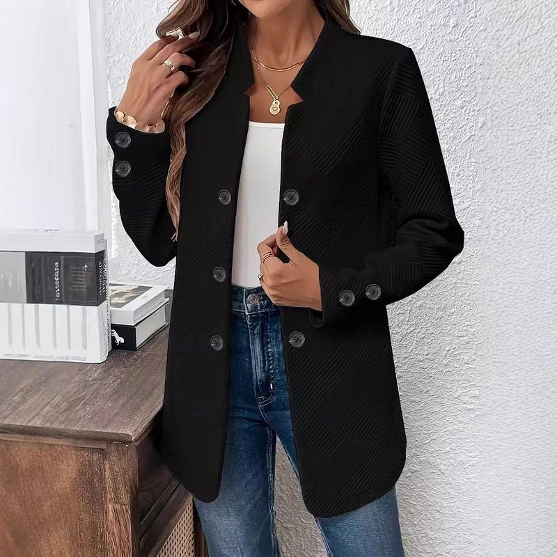 Fall/Winter Women's Elegant Blazer – Oversized Three-Button Long Sleeve Jacket With Stand Collar (Black/White/Gray, S-XXL)_voghion.com