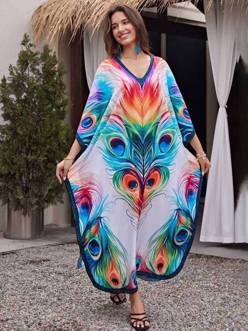 Sukienka maxi z nadrukiem w stylu boho, damska, narzutka z wiskozy – zwiewna tunika plażowa z etnicznymi wzorami, luźny krój w dużych rozmiarach, narzutka na bikini, strój na wakacje_voghion.com