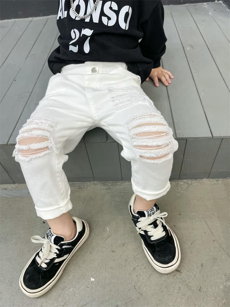 Kid's Clothing Children's pants new black and white trousers baby wear slim fit hole style trendy pants stretch cotton jeans_voghion.com