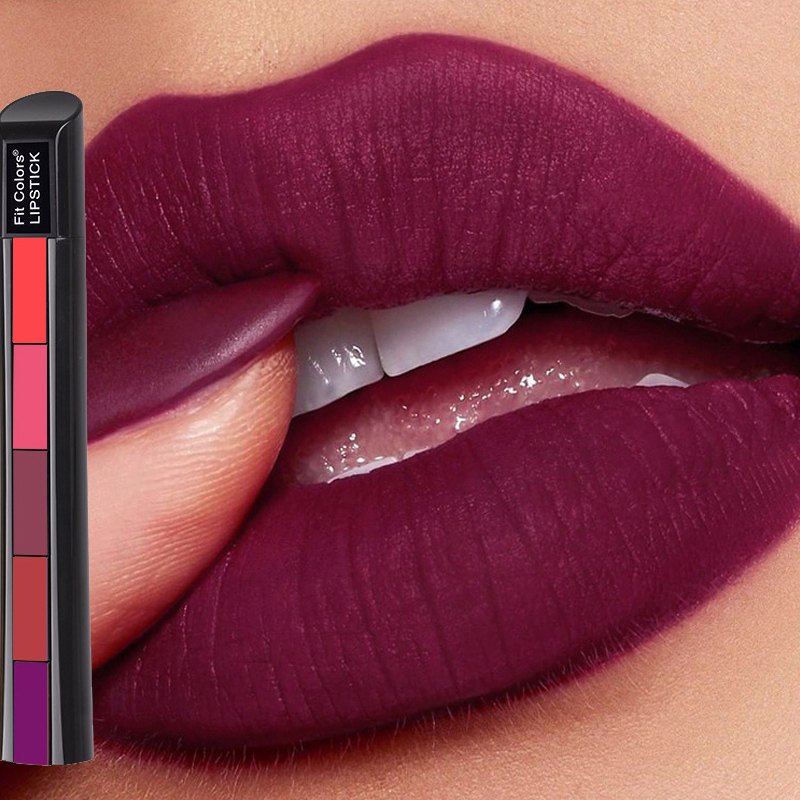 Tienda de cuidado de belleza Lápiz labial combinado de 5 colores, resistente al agua, 5 secciones, mate, Veet, brillo labial antiadherente de larga duración, Lipsti sti_voghion.com