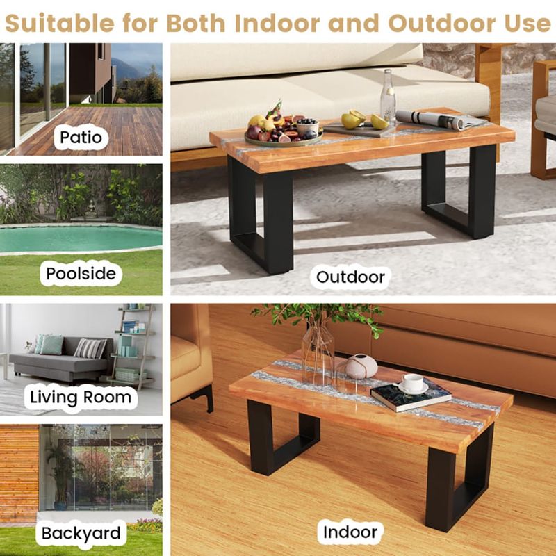 Premium Teak Wood Patio Table With River-Inspired Epoxy Tabletop – Durable, Waterproof & Stylish Outdoor Coffee Table For Garden, Poolside_voghion.com
