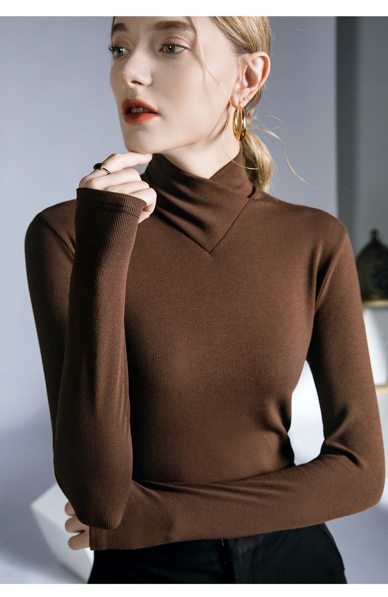 Maglia termica a collo alto a maniche lunghe da donna, vestibilità slim, in morbido tessuto a coste francesi, traspirante e calda, essenziale per l'autunno e l'inverno._voghion.com