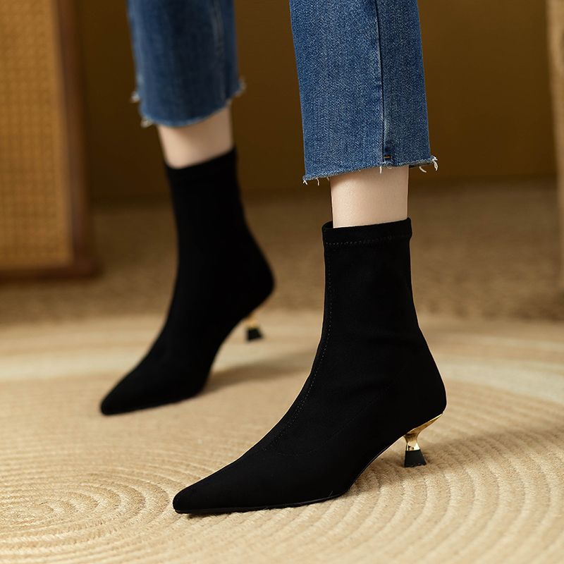 2023 French Style Kitten Heel Booties Women's New Suede Pointed Toe Stretch Thin Work Clothing Stiletto Mid-Heel Ankle_voghion.com