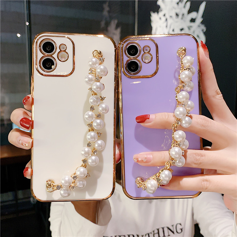 Luxe Plating Parel Armband Ketting Soft Case Voor iPhone 13 14 12 Pro Max 11 XS X XR 7 8 plus mini SE 2 Glitter Siliconen Cover_voghion.com