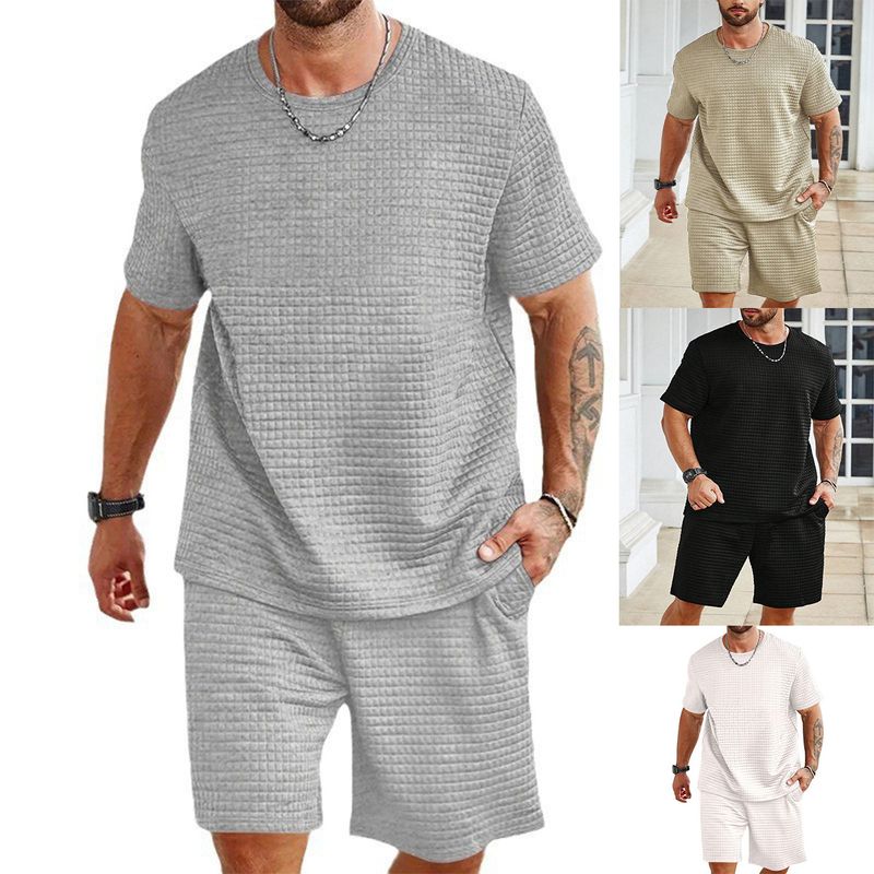 New trendy men's sports and casual small square loose round neck short sleeved shorts set_voghion.com