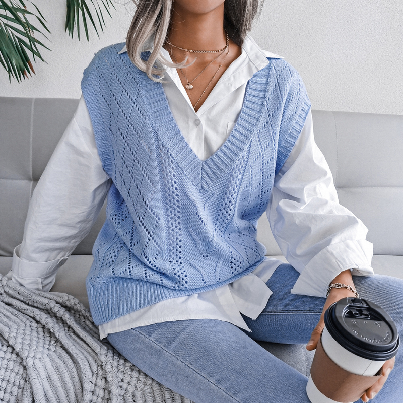 Pull tricoté à col en v pour femme, vêtement style Ins, ajouré et torsadé, collection automne et hiver 2023_voghion.com