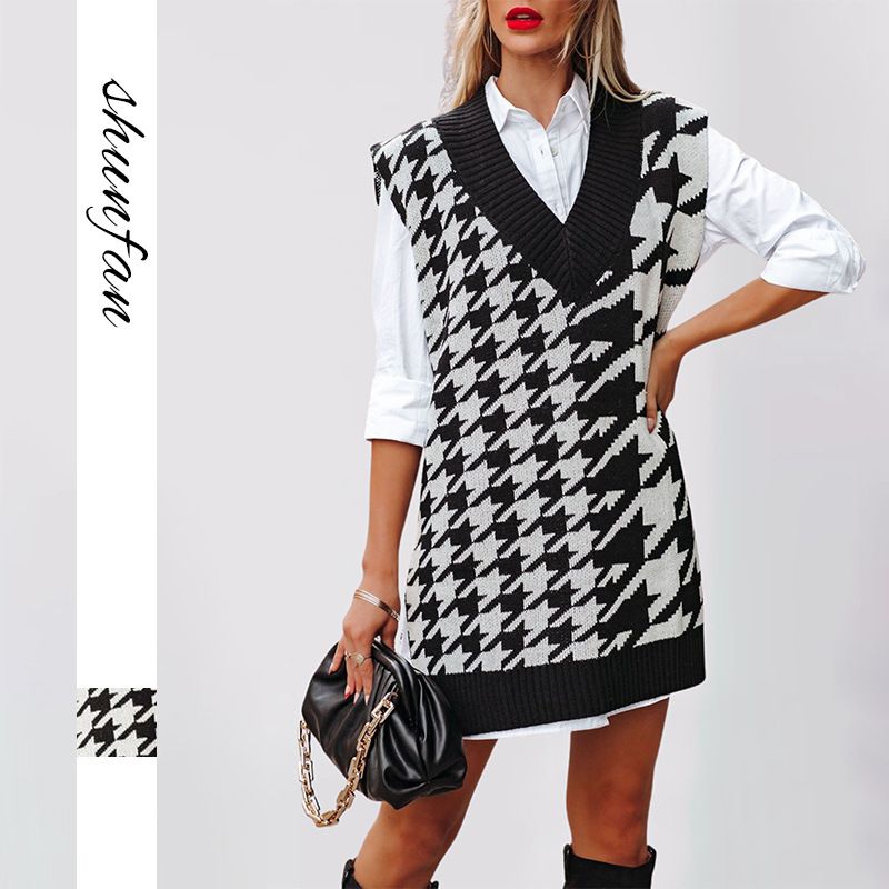 Damen Lockerer V-Ausschnitt Thousand Bird Grid Strickpullover Ärmellose Weste Weste_voghion.com