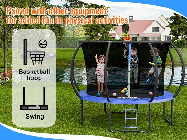 VEVOR 10FT Trampoline, 330 Lbs Trampoline With Enclosure Net, Ladder, And Curved Pole, Heavy Duty Trampoline With Jumping Mat And Spring Cover Padding, Outdoor Recreational Trampolines For Kids Adults_voghion.com