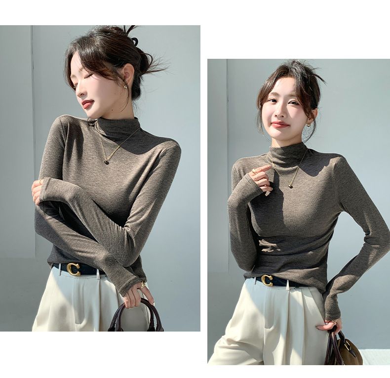 Maglietta termica slim fit con collo semi-alto – Maglia a maniche lunghe da donna, essenziale, elastica e valorizzante, in 6 versatili tonalità neutre (M-XXL)_voghion.com