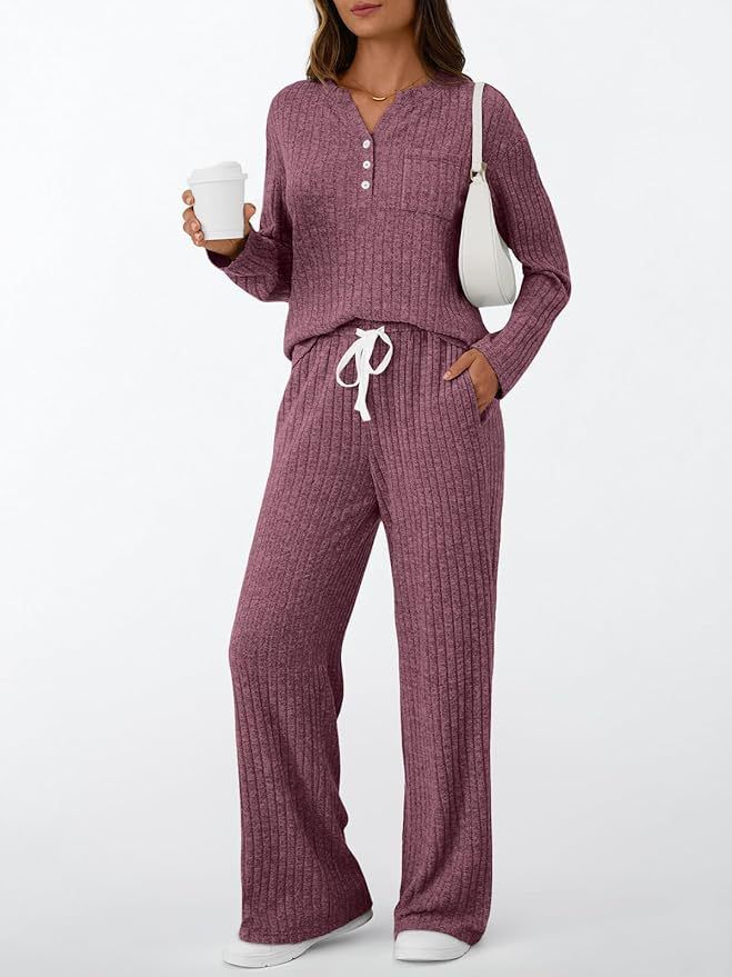 Ribbed Fleece Lounge Set – Cozy Long Sleeve Pajama Set (V-Neck & Pants) | Soft & Breathable (Multiple Colors)_voghion.com
