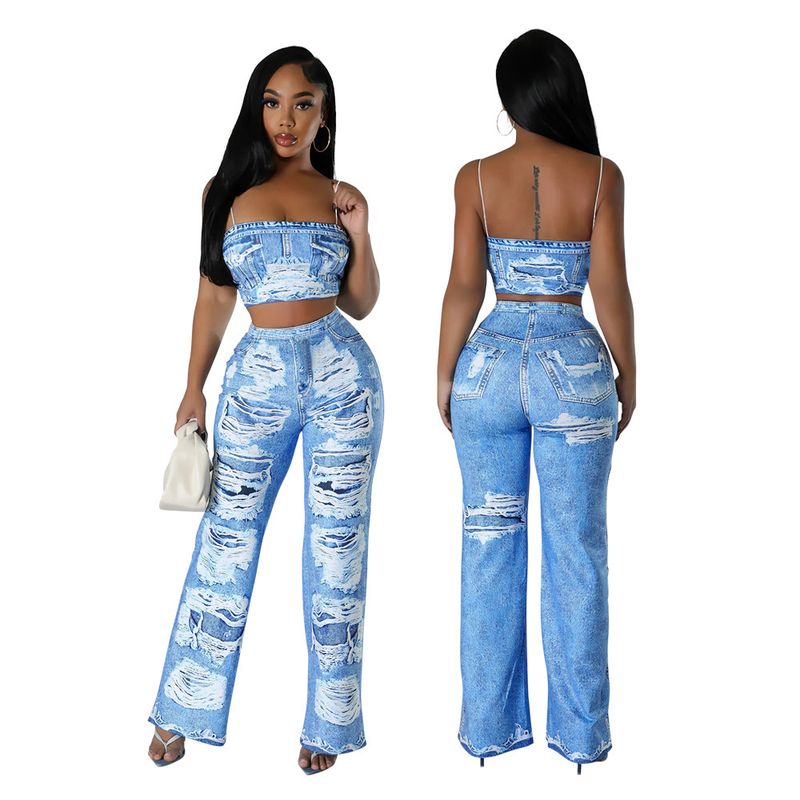Conjunto de top corto sin mangas y pantalón acampanado: conjunto estampado de dos piezas para mujer_voghion.com