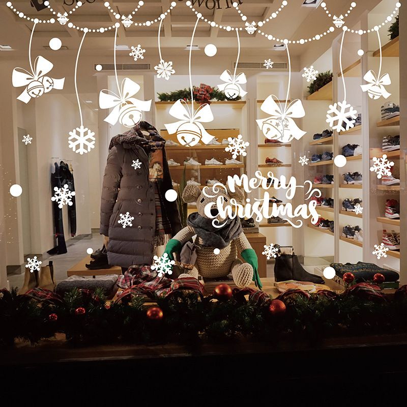 Calcomanías autoadhesivas navideñas de copos de nieve y campanas para ventana - Pegatinas de pared grandes y extraíbles para decoración de tiendas, hogar y oficina (60 x 90 cm, blancas)_voghion.com
